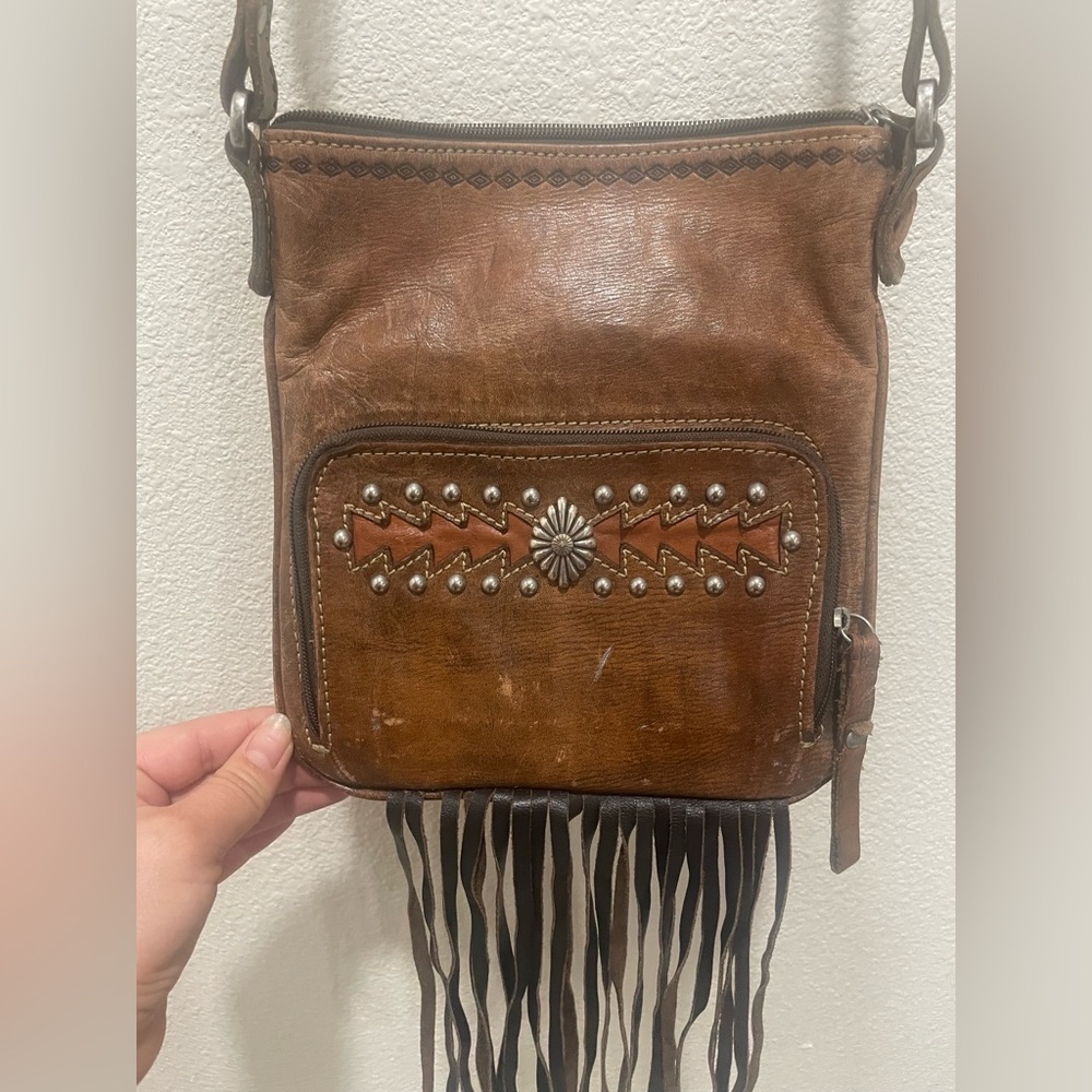 American West Brown Leather Crossbody with Fringe and Studs
